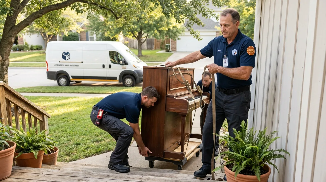 Licensed piano movers securing grand piano in Basile, LA