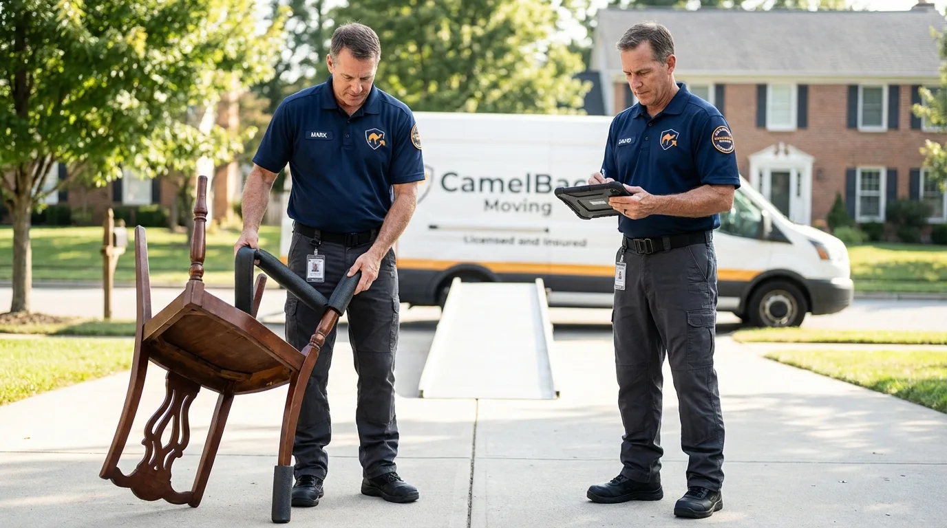 Movers inspecting furniture for damage prevention before loading in Basile, LA