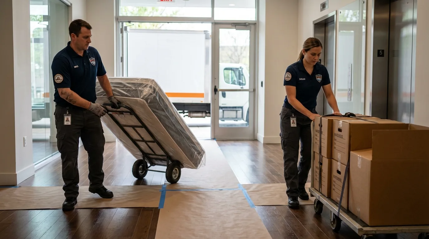 Professional apartment movers loading elevator in Basile, LA