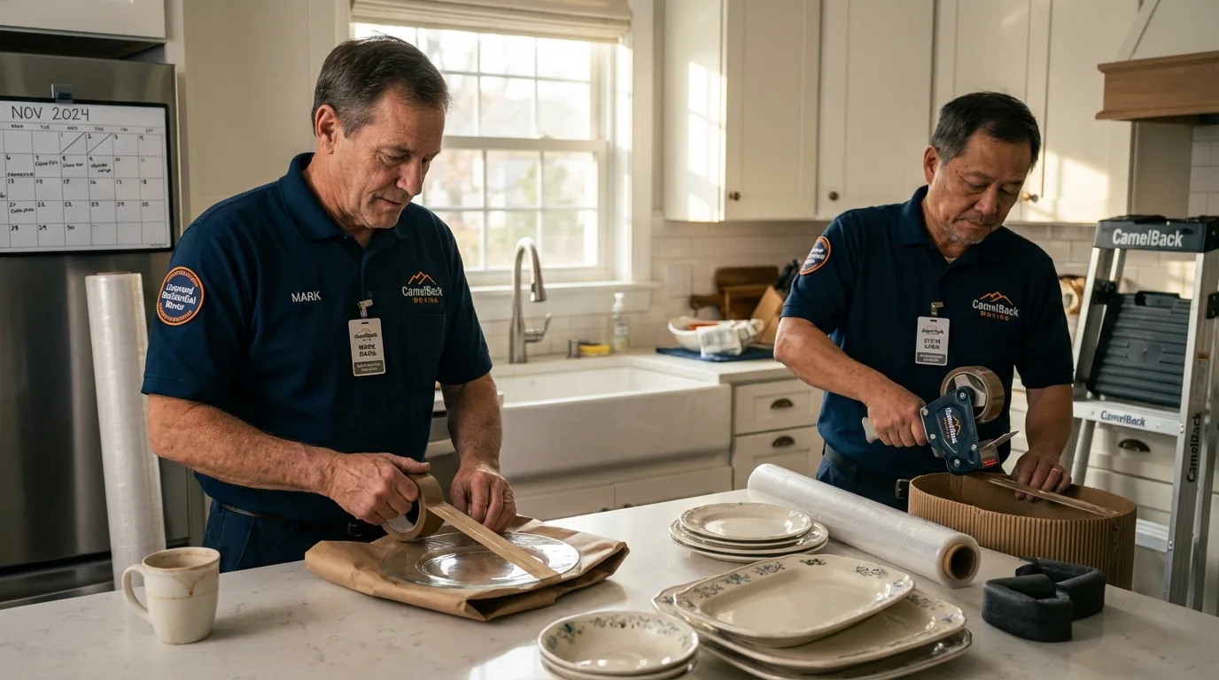 Professional crew packing kitchen dishware in Basile, LA